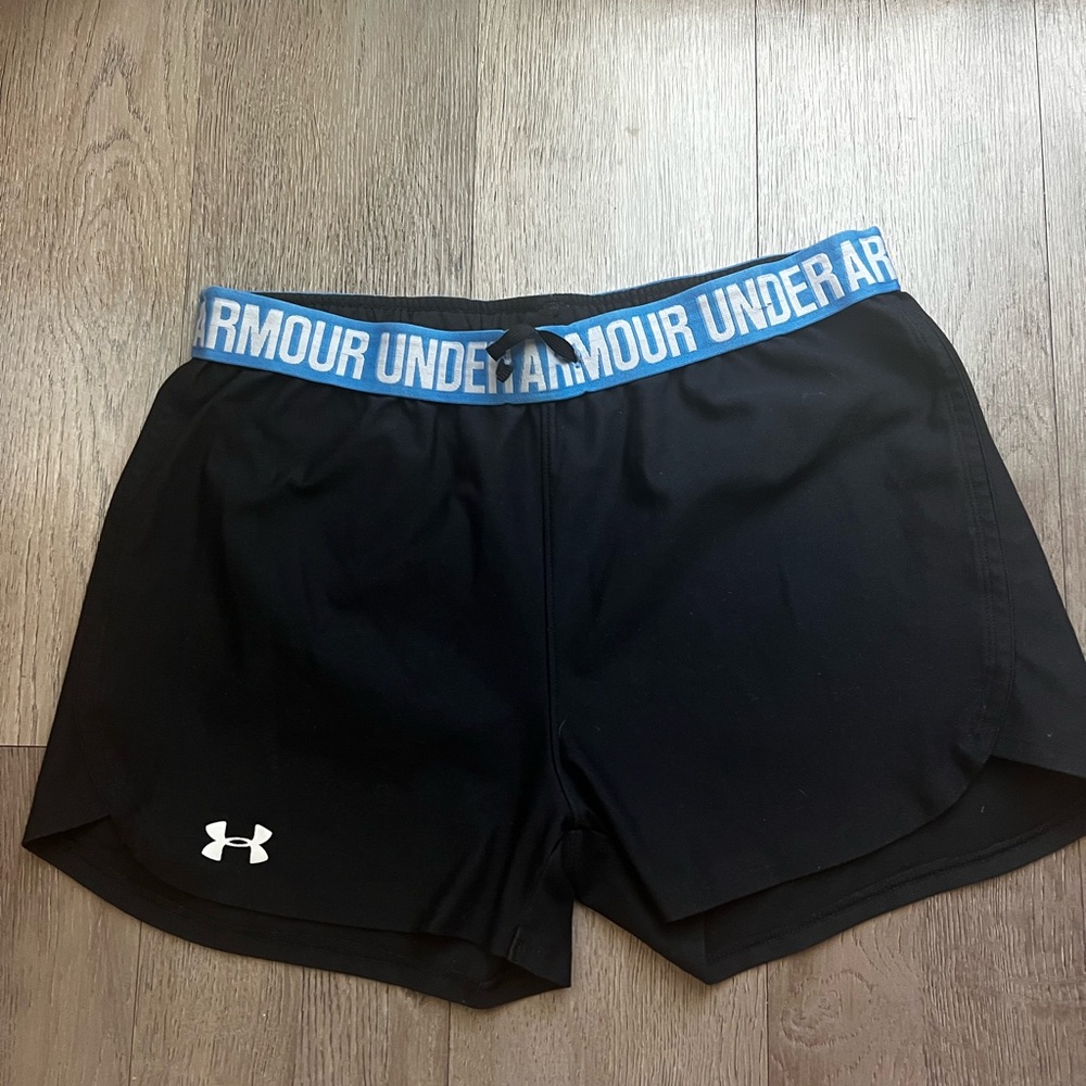 Under Armour Women's Black Athletic Shorts with Blue Waistband